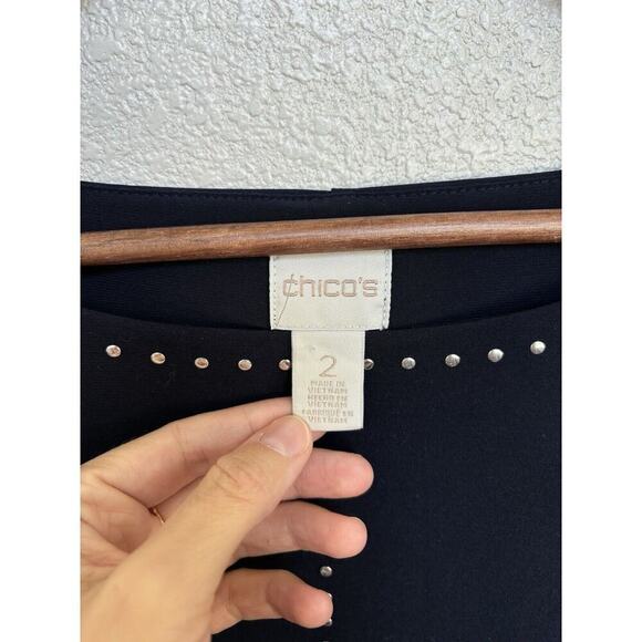 Chico's navy blue layered blouse 2/medium 3/4 sleeve relaxed studded date career - Picture 3 of 5